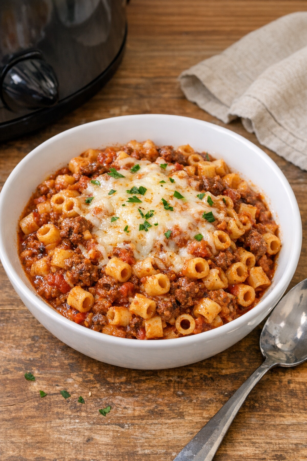 Finished slow cooker ditalini pasta in a bowl