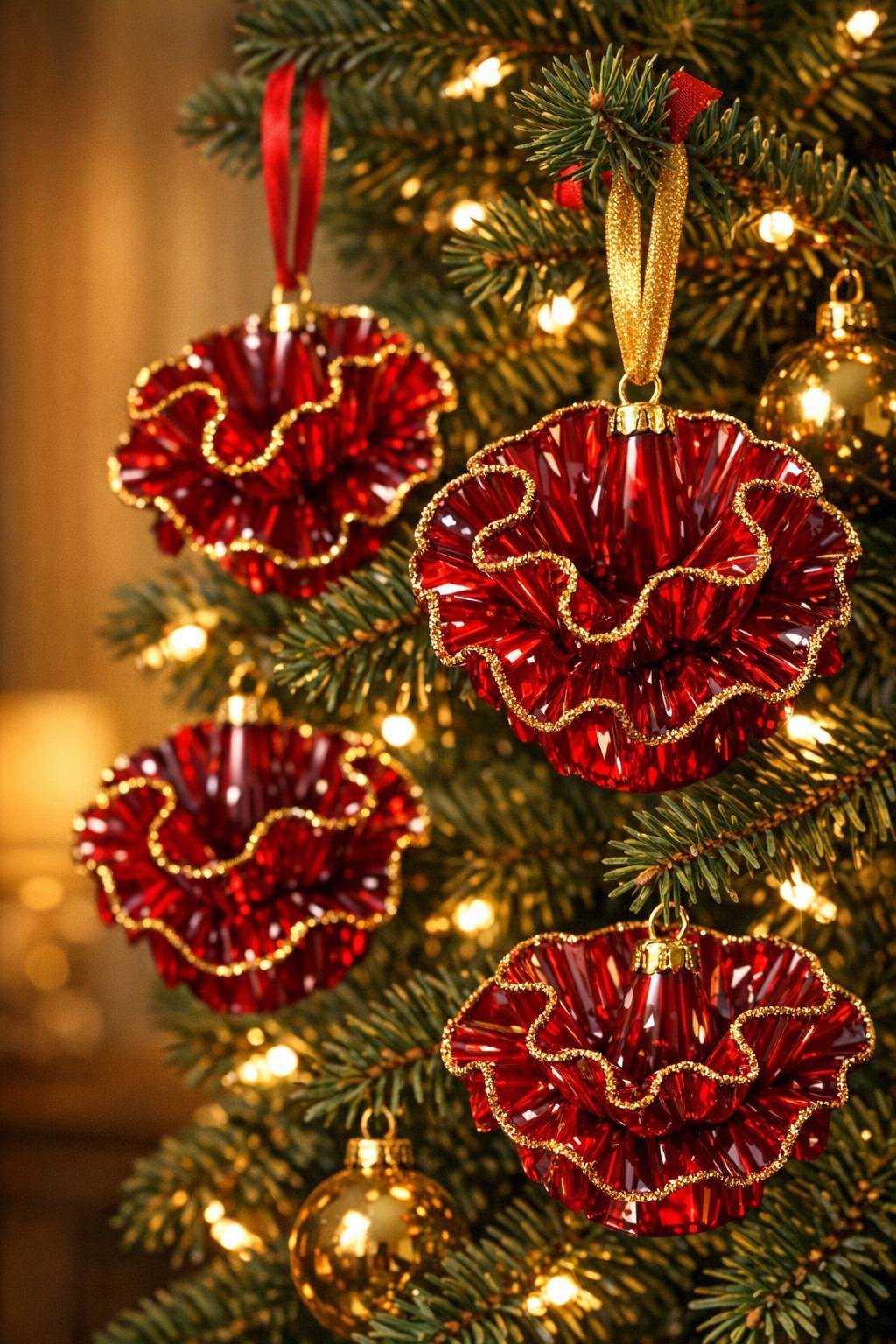 Finished ruby glass-look ornaments made from melted red plastic cups hanging on a decorated tree