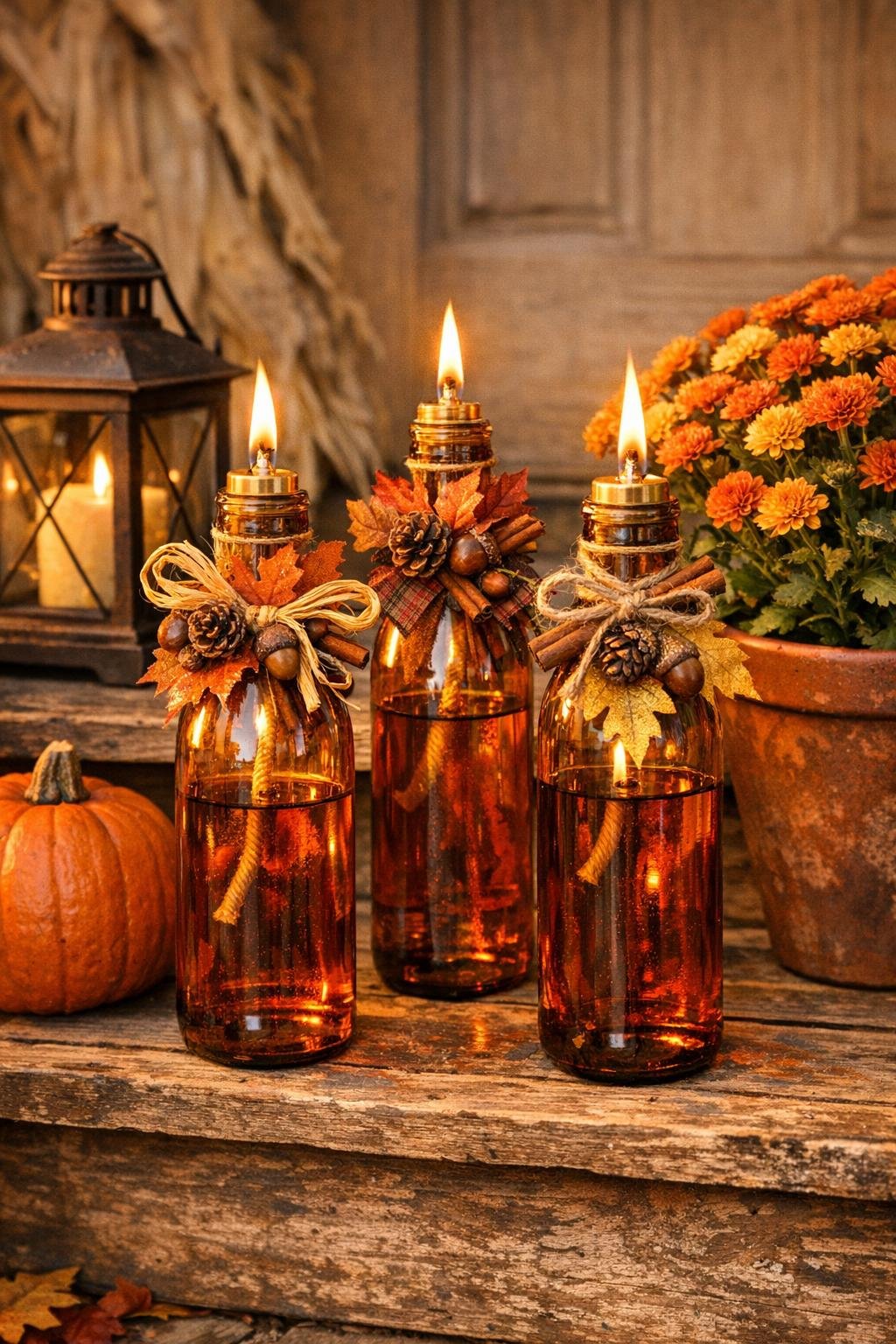 Finished autumn oil lamps made from old glass vinegar bottles displayed on a porch