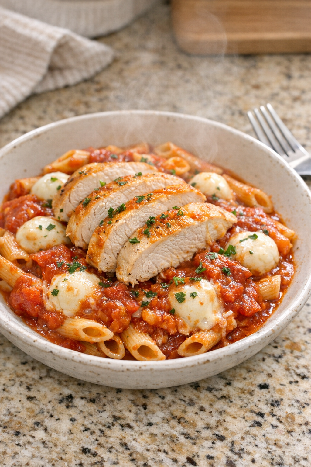 Finished mozzarella chicken pasta plated in a rustic bowl