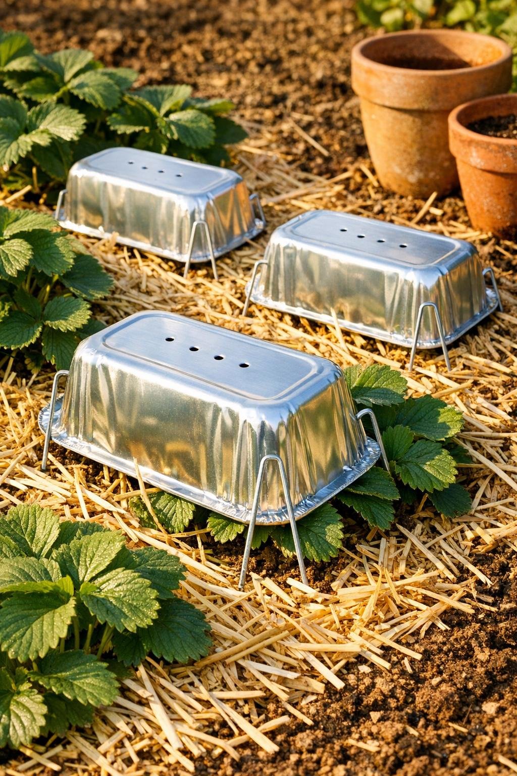 Finished strawberry crown protectors made from aluminum loaf pans covering plants in a tidy garden bed