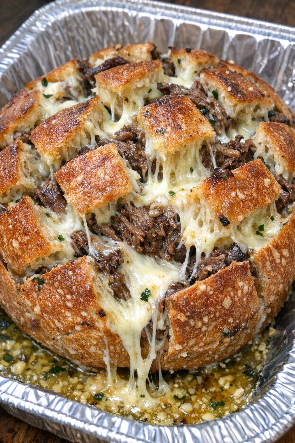 Finished beef pull apart bread with melted provolone
