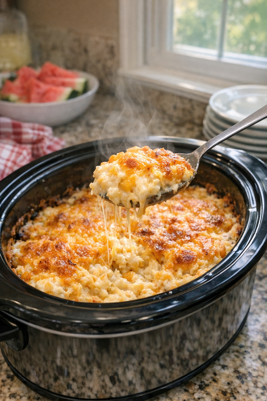 Finished cheesy hash brown casserole served from a slow cooker
