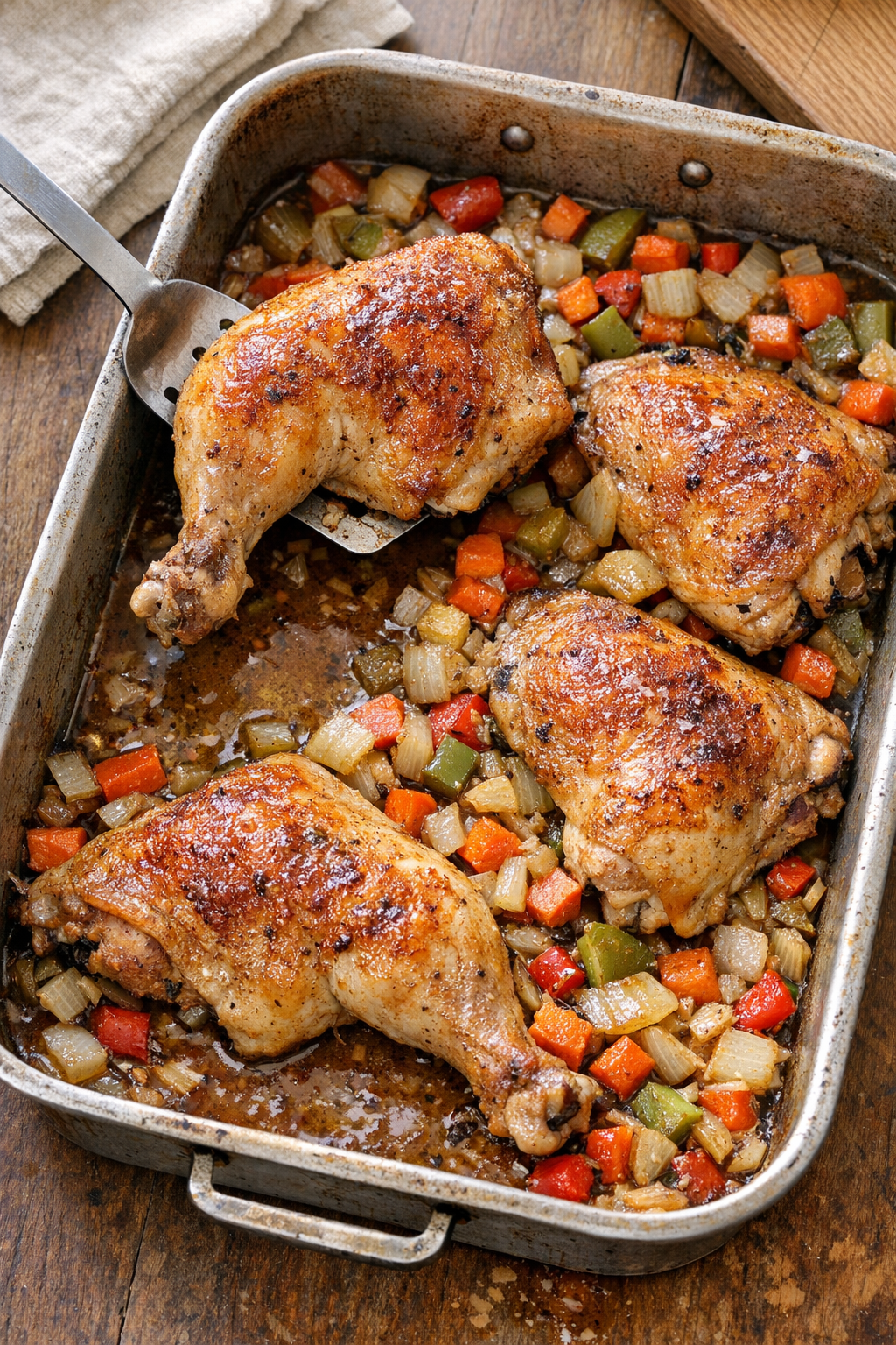 Finished roasted chicken leg quarters with vegetables in a metal roasting pan