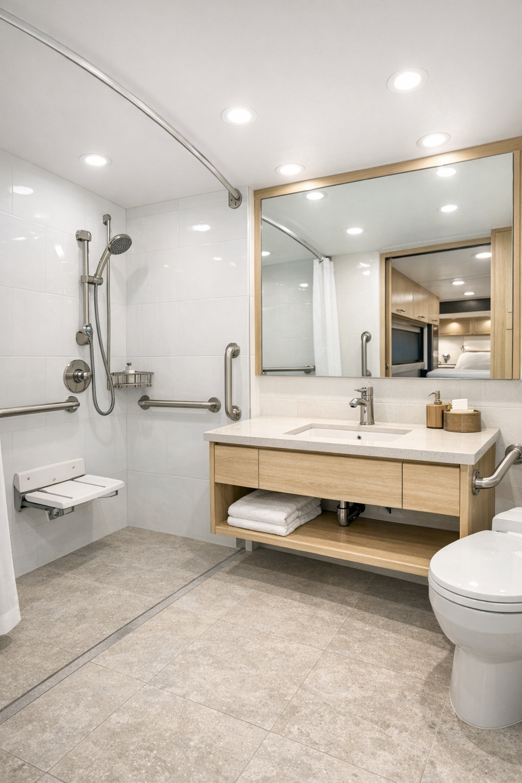 Accessible RV bathroom with curbless shower, floating vanity, and light stone tile