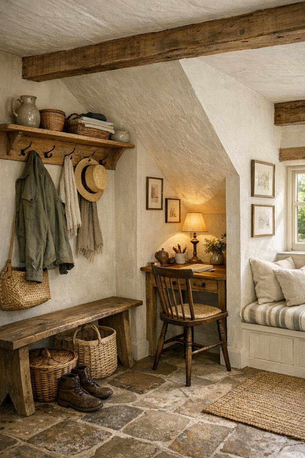 Cottage entry and nook with bench, pegs, and a small writing desk