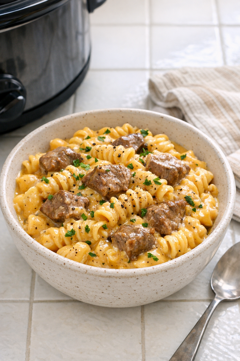 Finished bowl of cheddar beef pasta