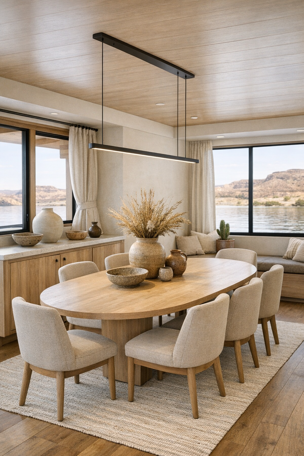 Desert-modern dining room with oval wood table, upholstered chairs, and warm pendant lighting