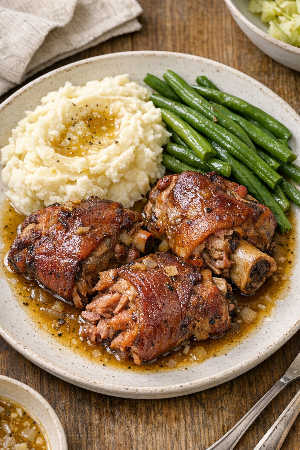 Finished plated ham hocks with rustic sides