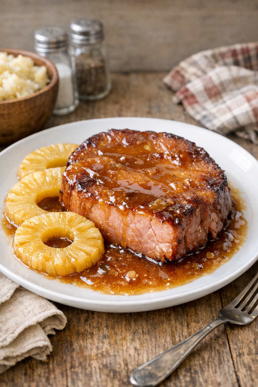 Plated slow cooker ham steaks with pineapple glaze