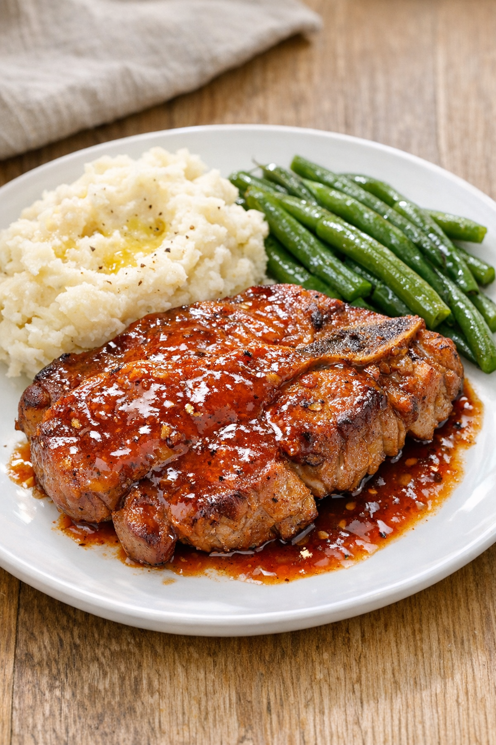 Finished plated pork shoulder steaks with glossy sweet-spicy sauce
