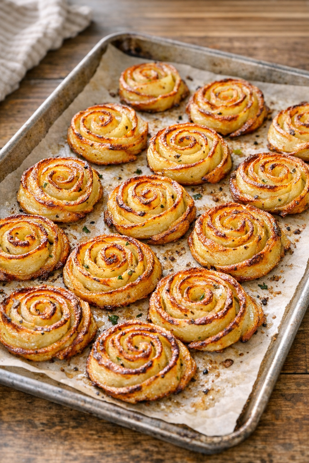 Baked golden potato pinwheels on a sheet pan