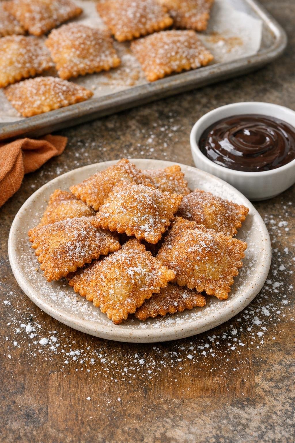 Baked sweet ravioli dessert on a plate