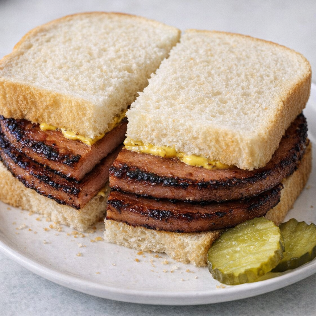 Stegt bologna sandwich med pickles og sennep