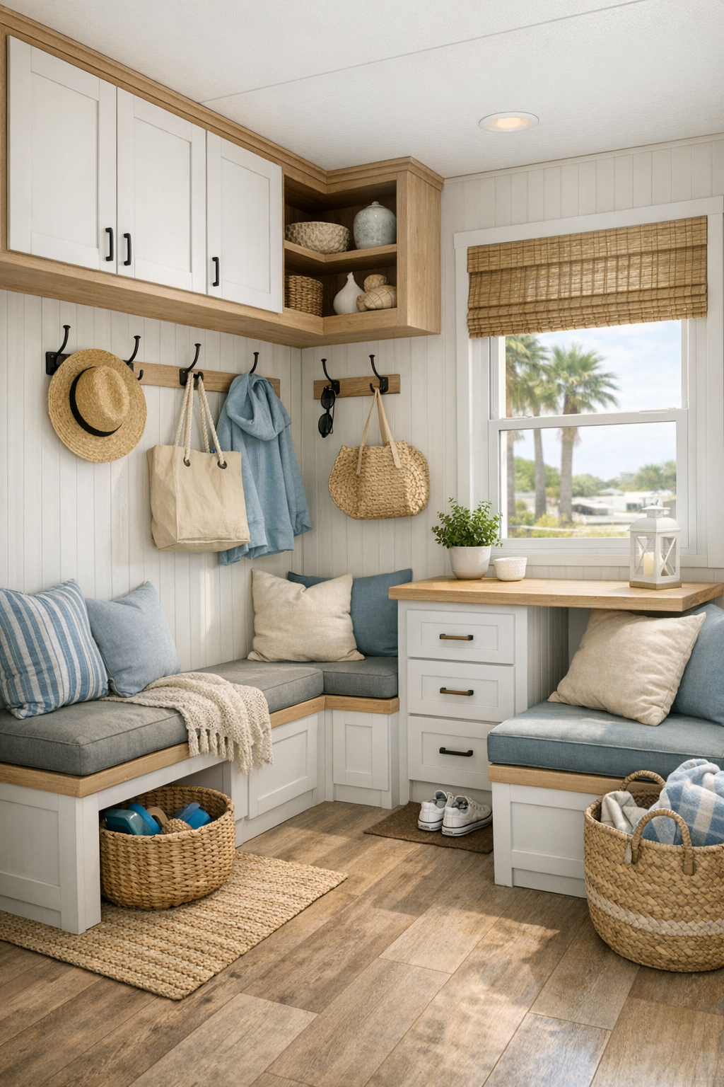 Smart multipurpose nook with built-in storage and cozy cottage details
