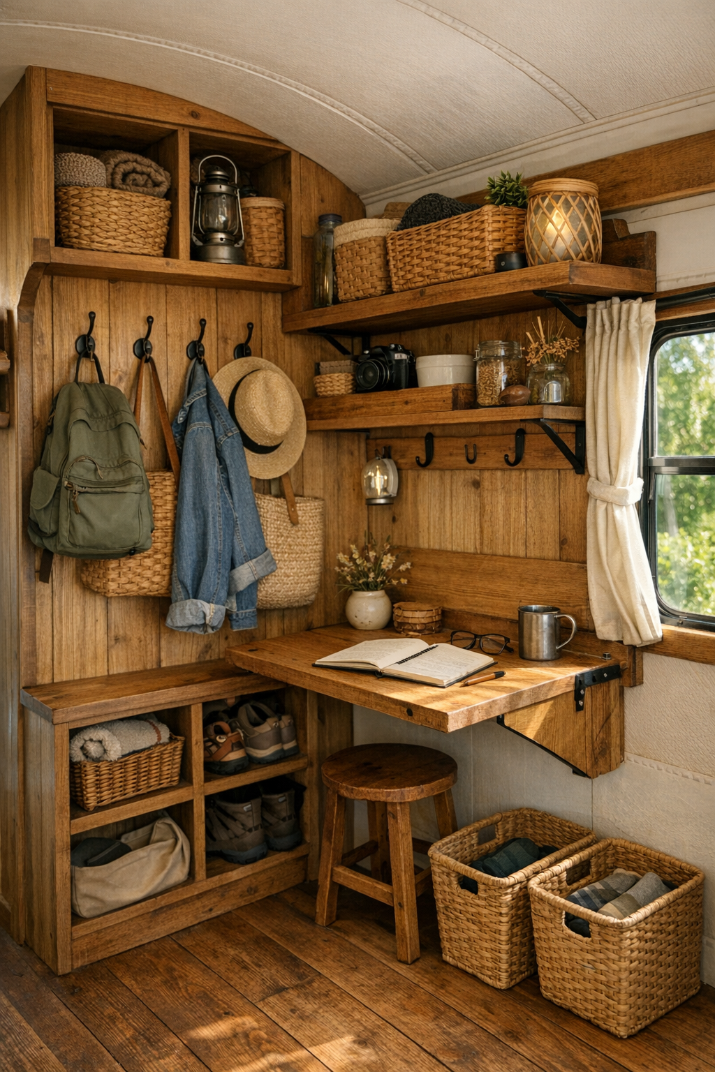 Smart built-in storage and transition space inside the converted bus