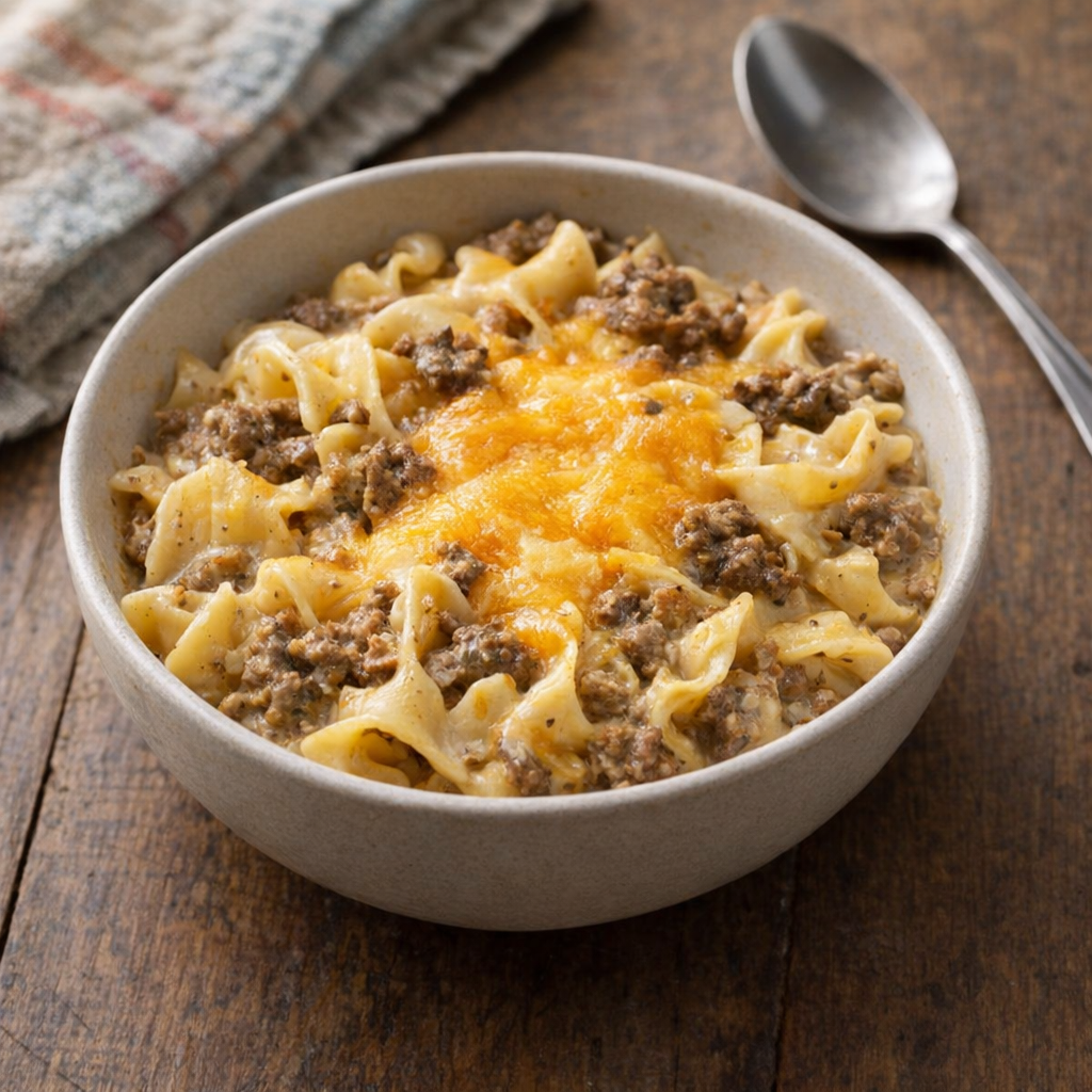 Slow cooker yummasetti served in a bowl on a farmhouse table