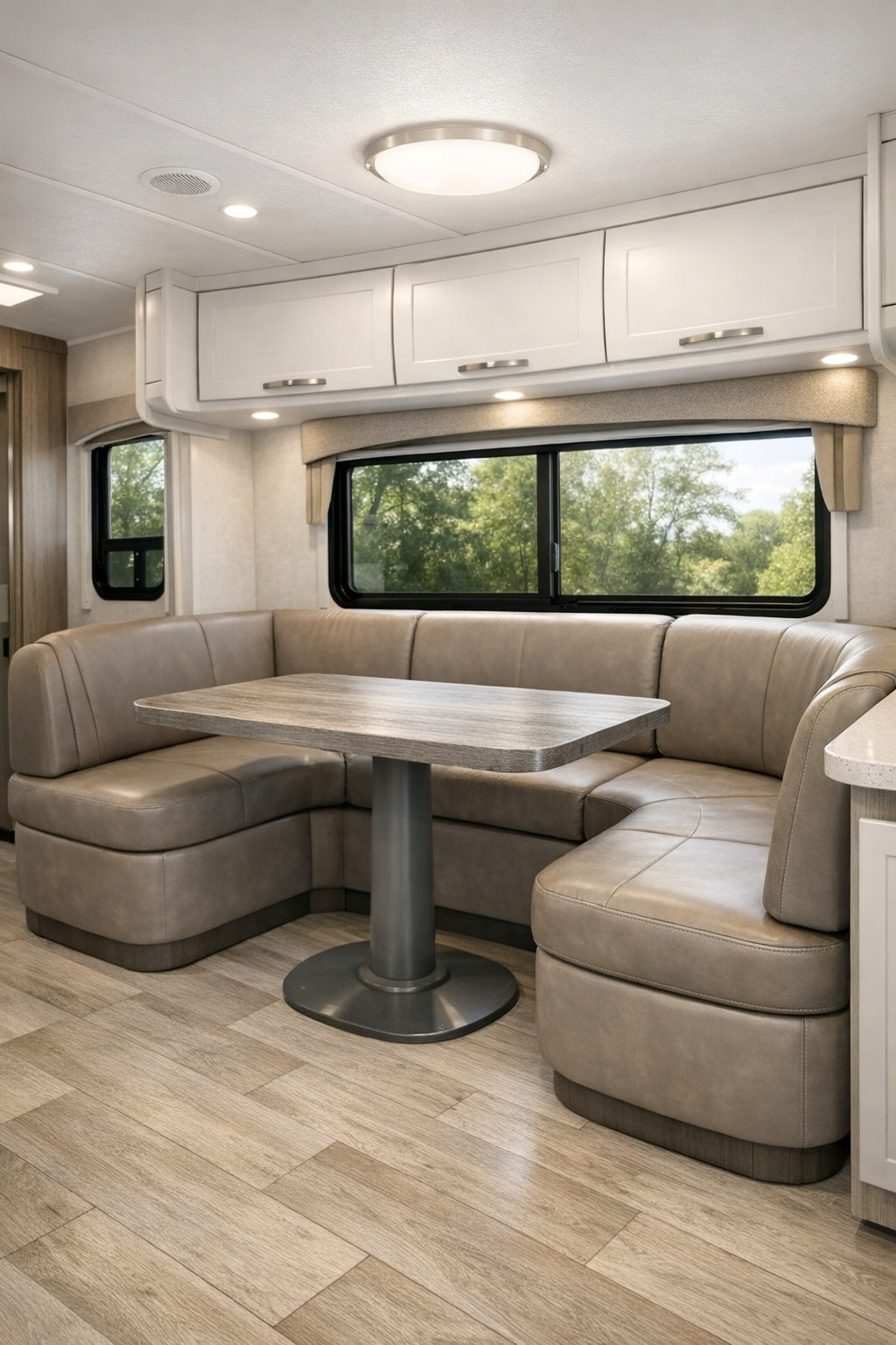 Accessible RV dining nook with pedestal table and soft neutral seating