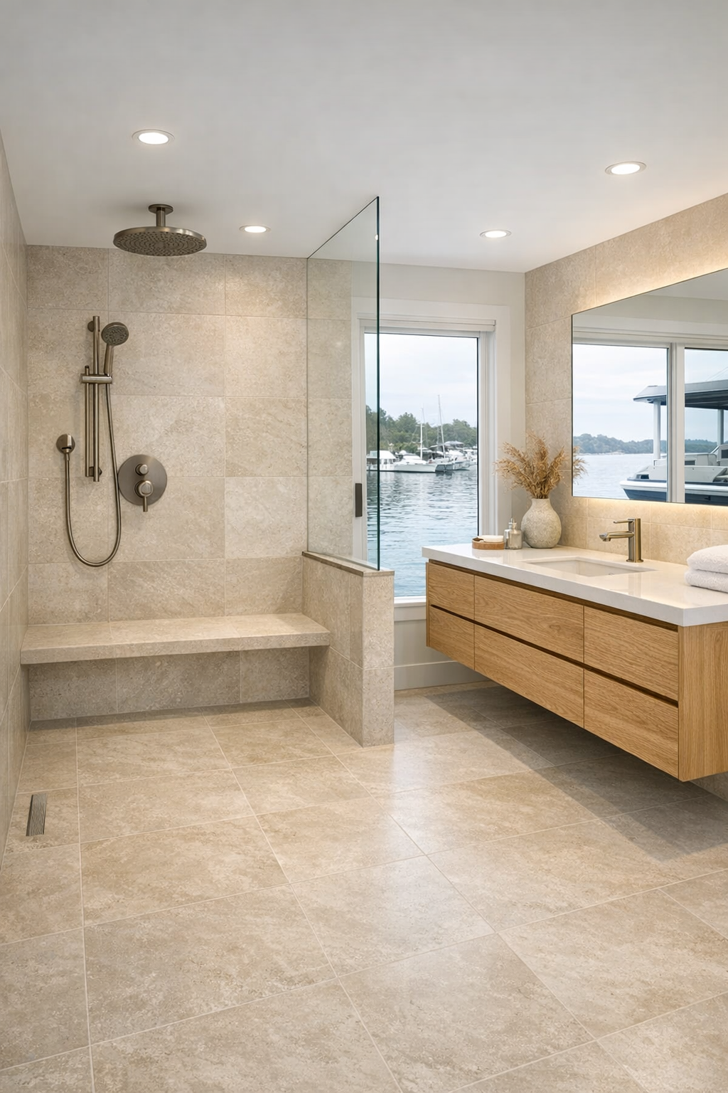 Barrier-free bathroom with curbless shower and pale stone finishes