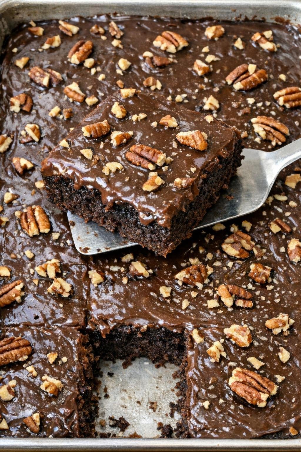 Texas sheet cake in a metal sheet pan
