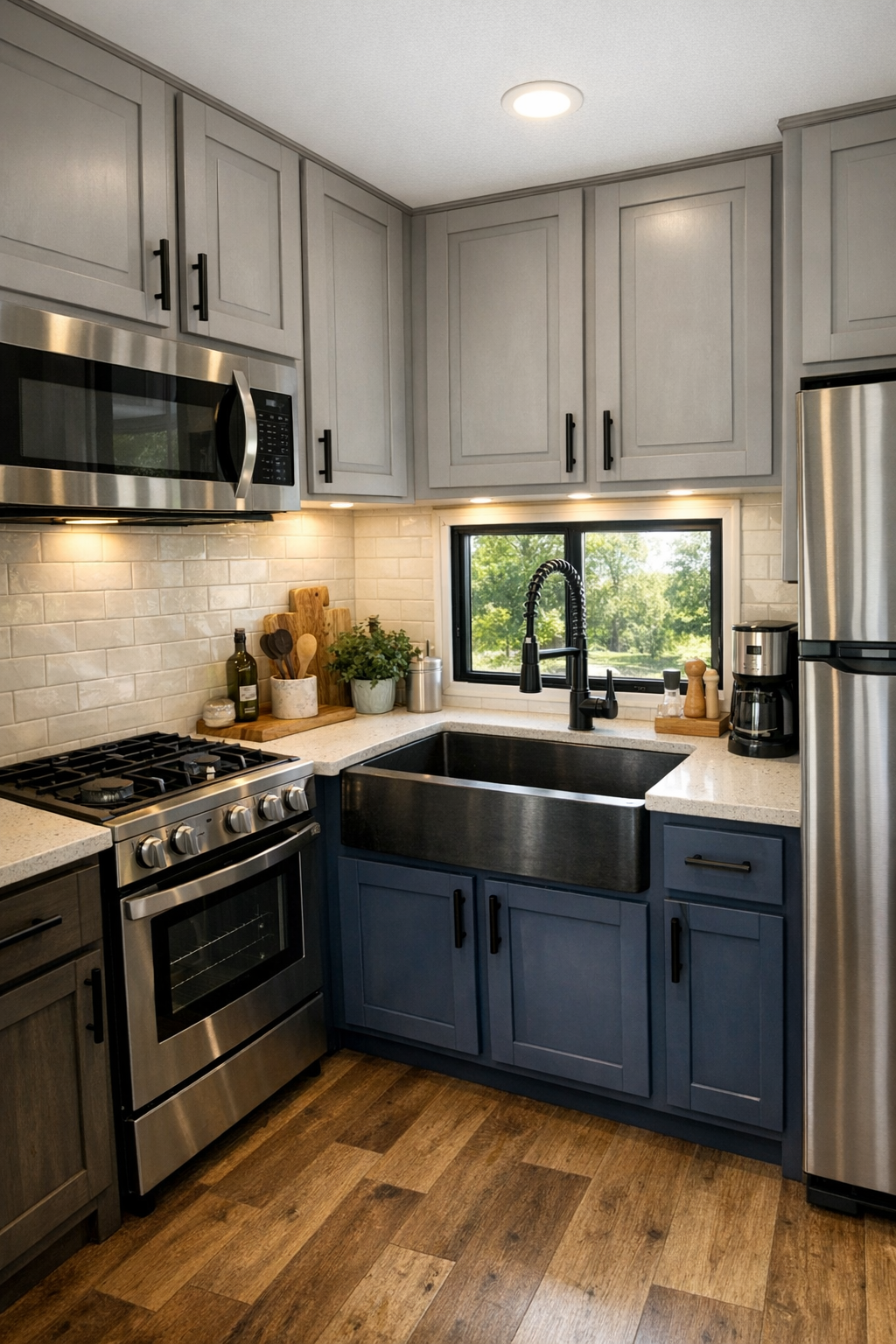 Modern compact kitchen with gray and navy cabinetry, light counters, and bright window light