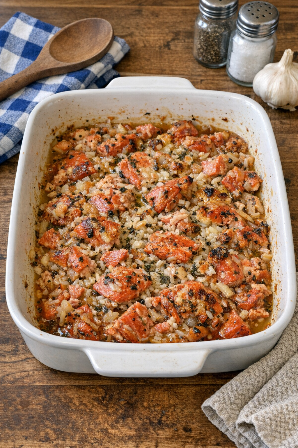 Finished baked sockeye salmon in a baking dish
