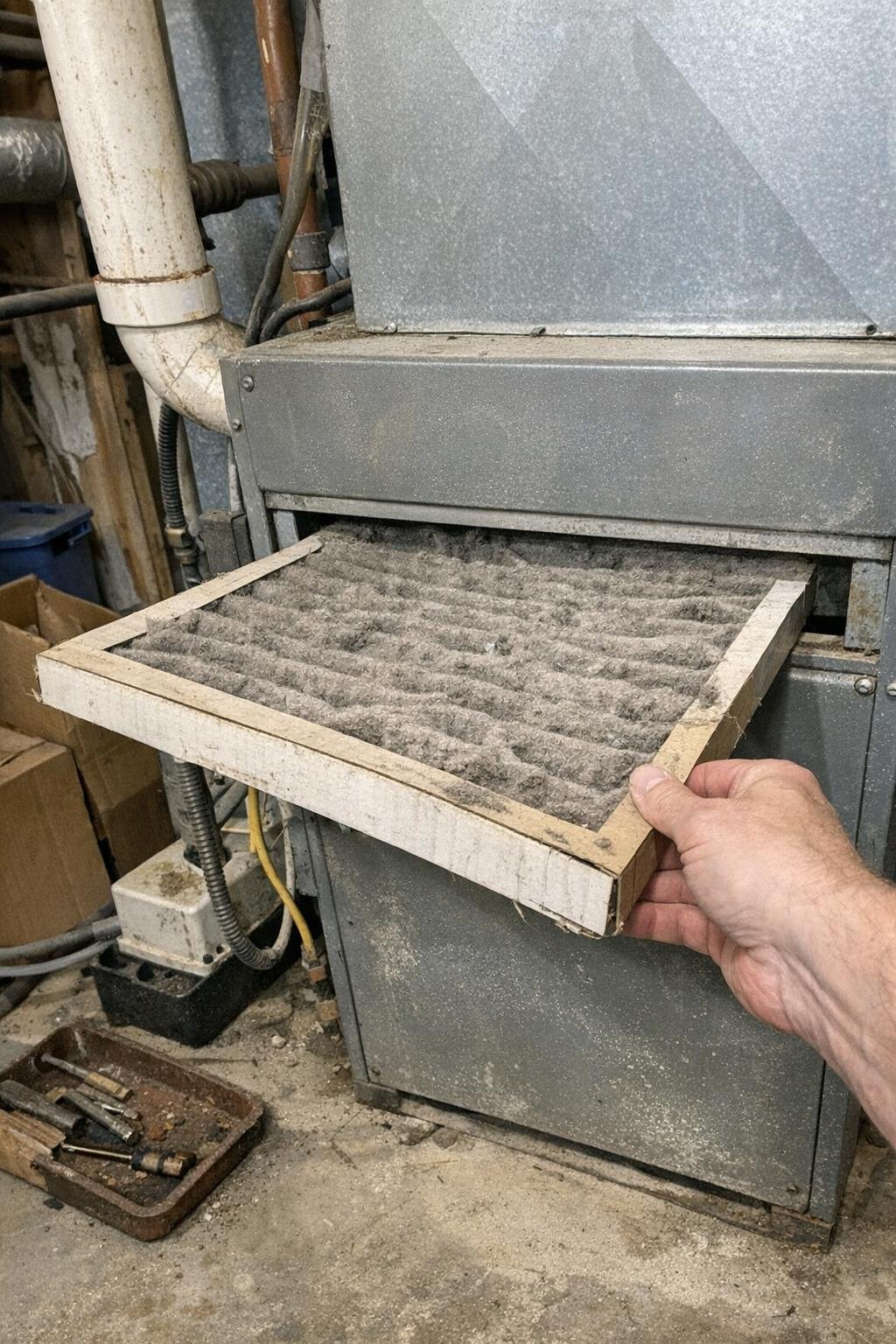 Gray used furnace filter next to the furnace compartment