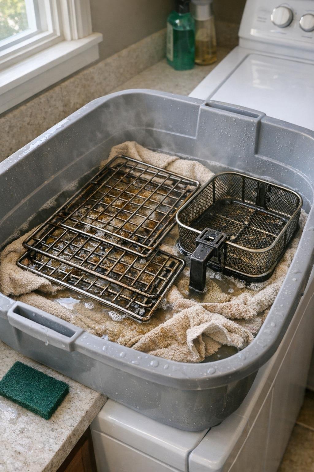 Greasy oven racks and air-fryer baskets soaking in hot water