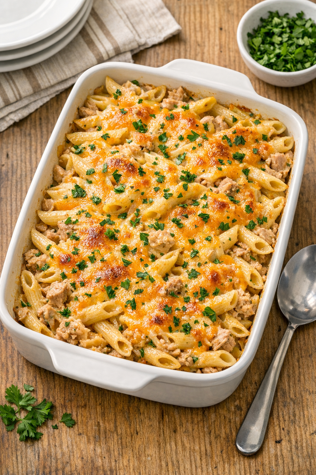 Baked tuna penne casserole in a white baking dish