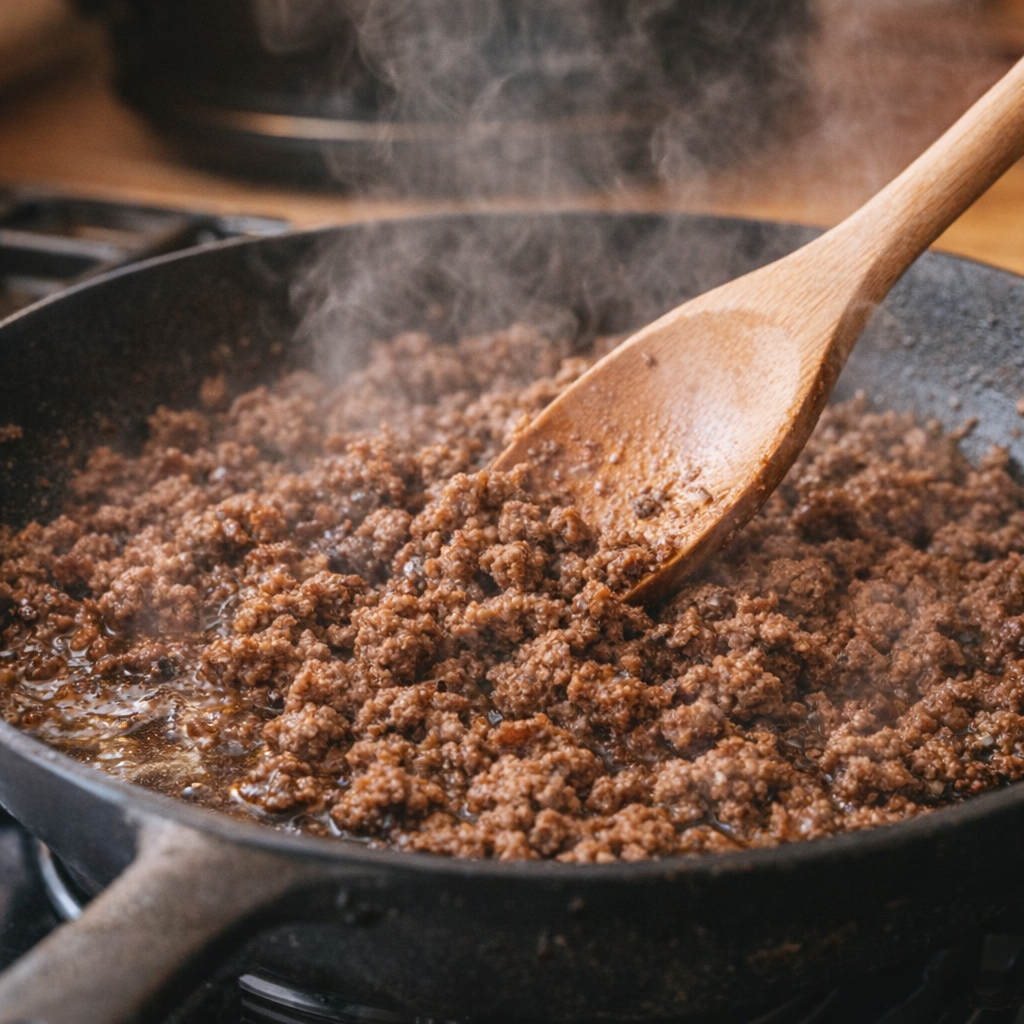 Ground beef browning in a skillet before going into the slow cooker