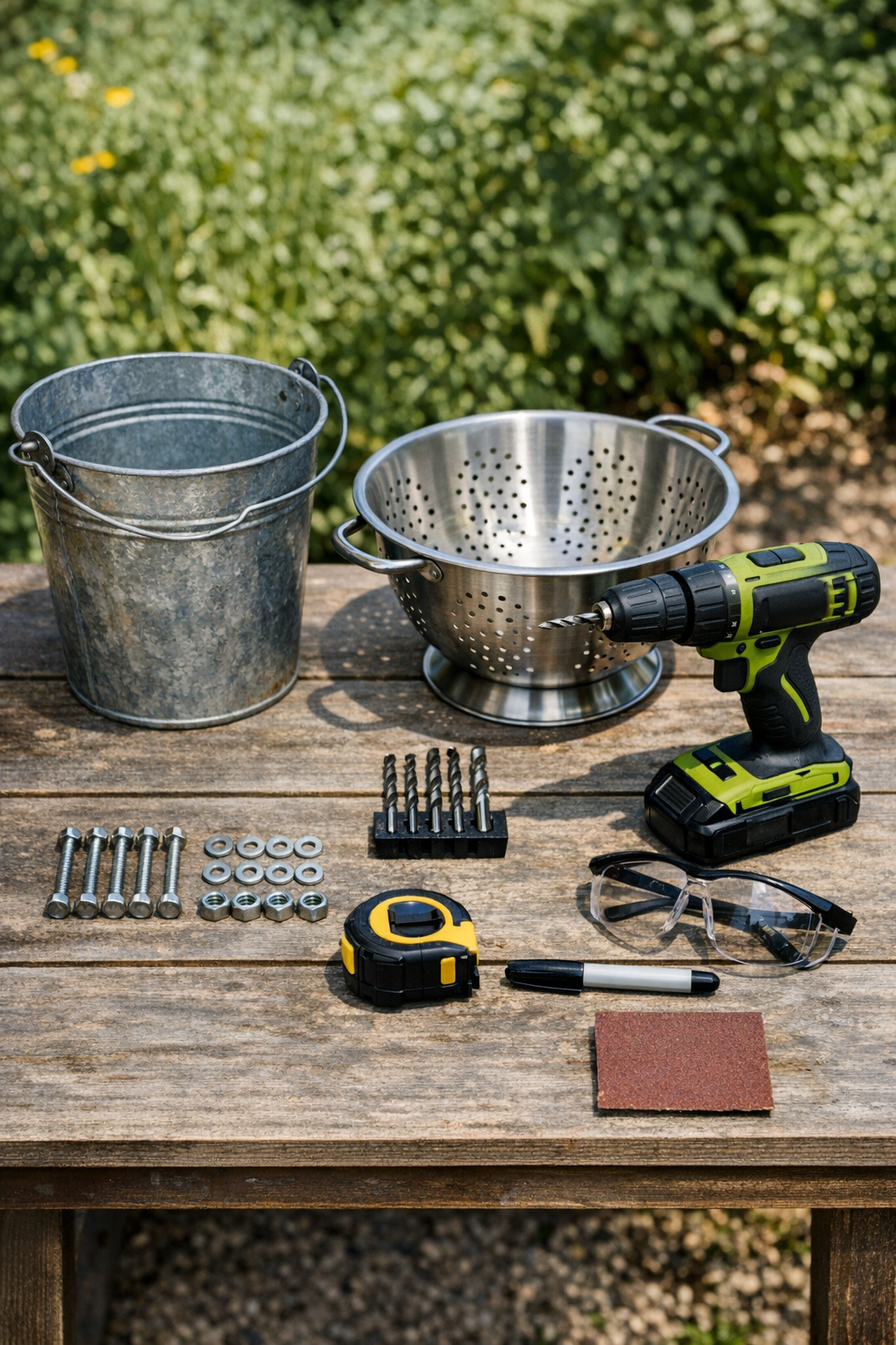 Materials for an outdoor produce wash station laid out together