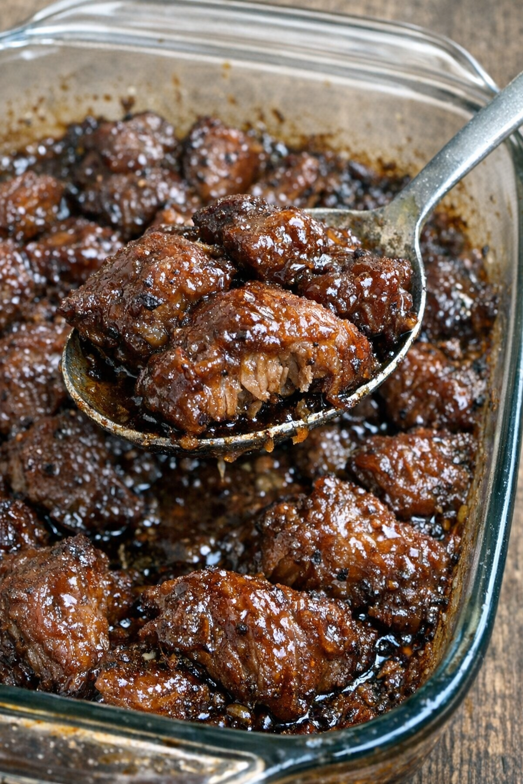 Savory caramelized beef bites in a glass casserole dish