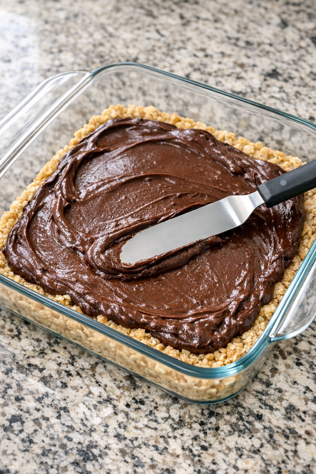 Chocolate filling spread over oatmeal cookie crust