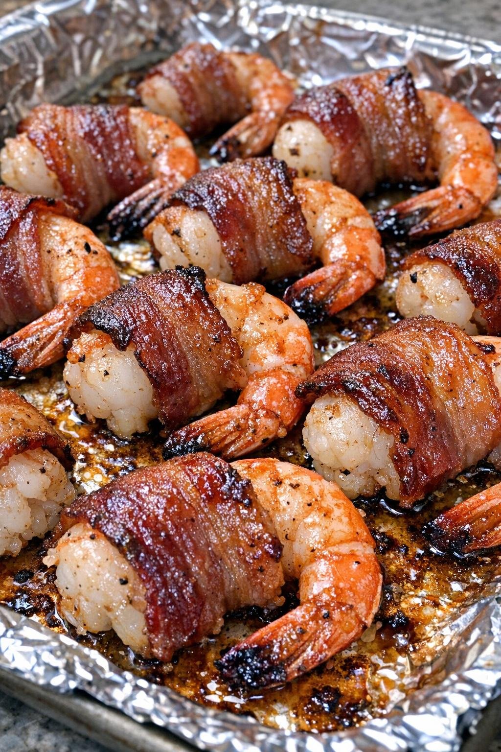 Bacon-wrapped shrimp on a foil-lined baking tray