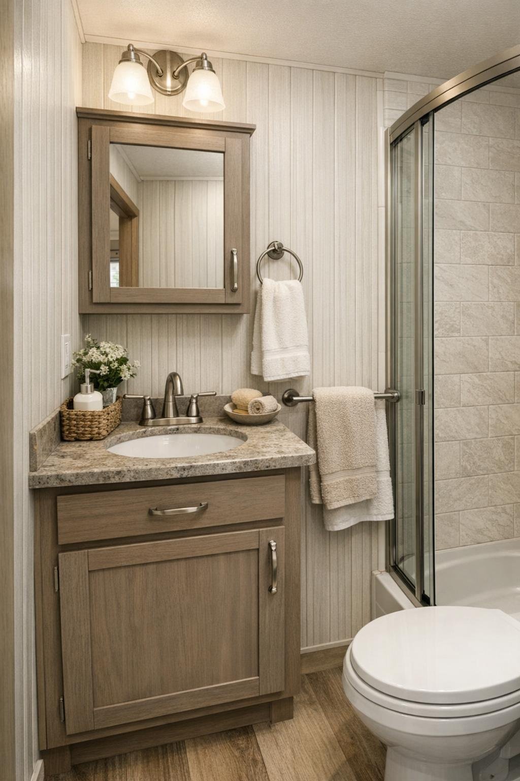 Bright compact bathroom with warm wood vanity and vertical tile