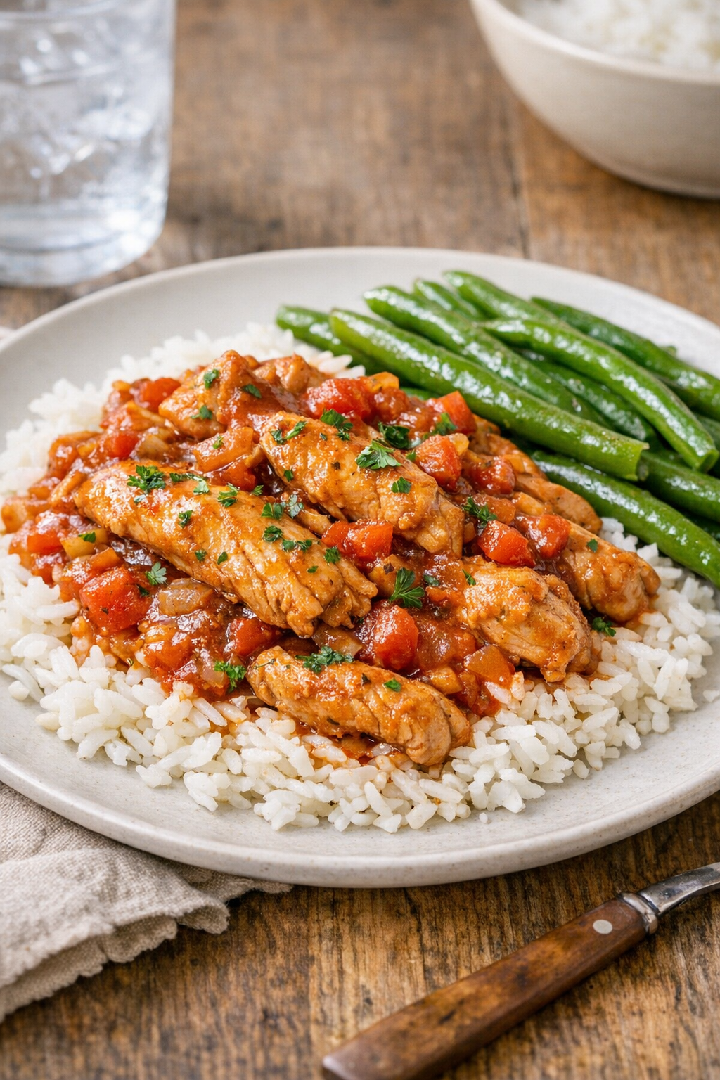 Finished plated slow cooker jamboree chicken over rice