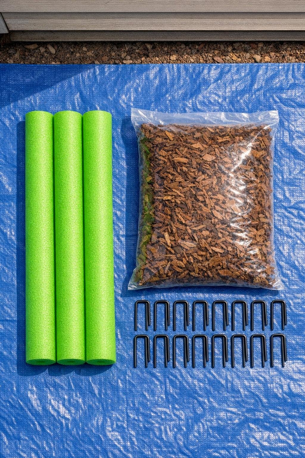 Pool noodles, mulch, and landscape pins laid out for the project