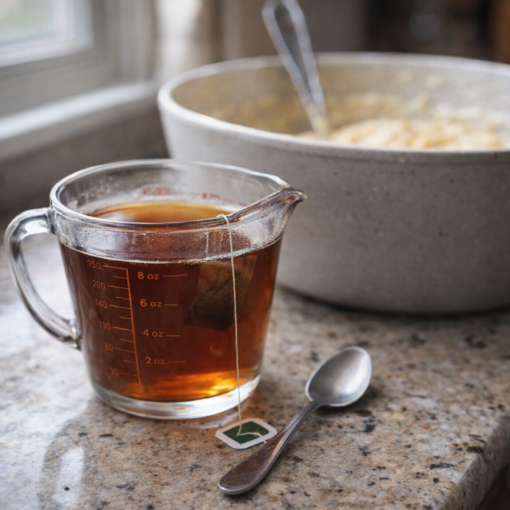 Strong black tea cooling beside mixing bowl