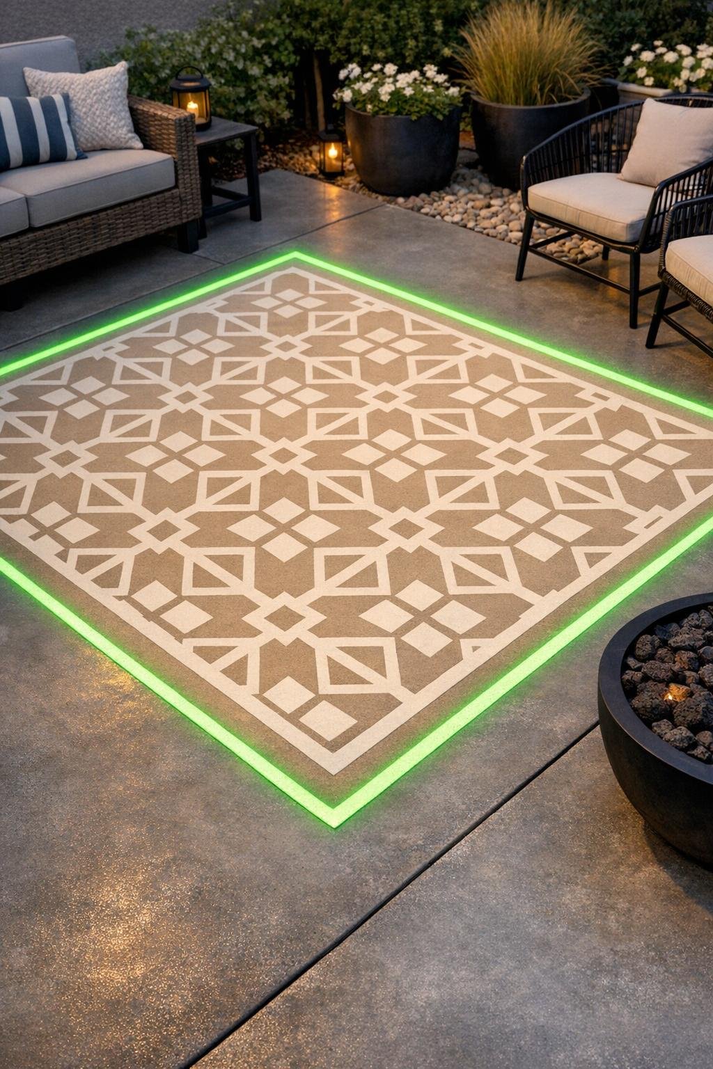 Finished painted outdoor rug with geometric pattern and glowing border on a concrete patio