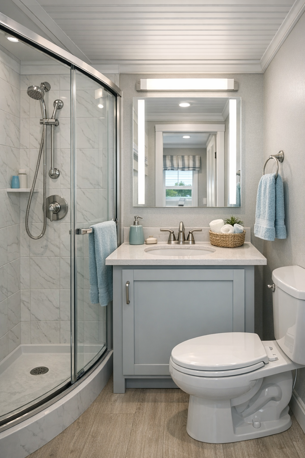Fresh coastal bathroom with light tile, a simple vanity, and soft blue accents