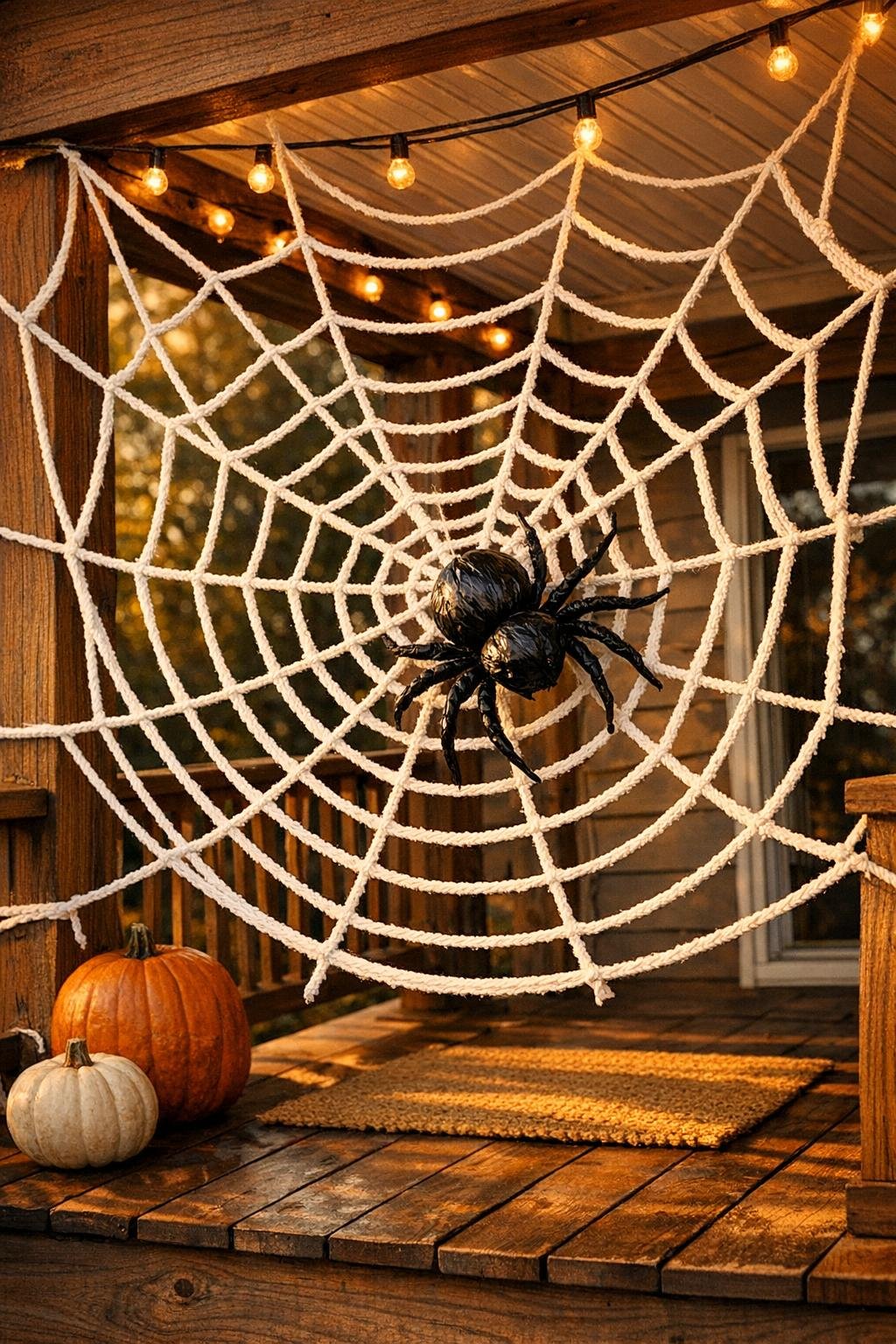 Finished giant porch spider web made from white yarn with a large black spider hanging on it