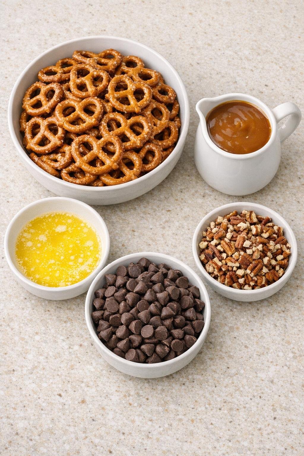 Belangrijkste ingrediënten voor karamelpretzelrepen