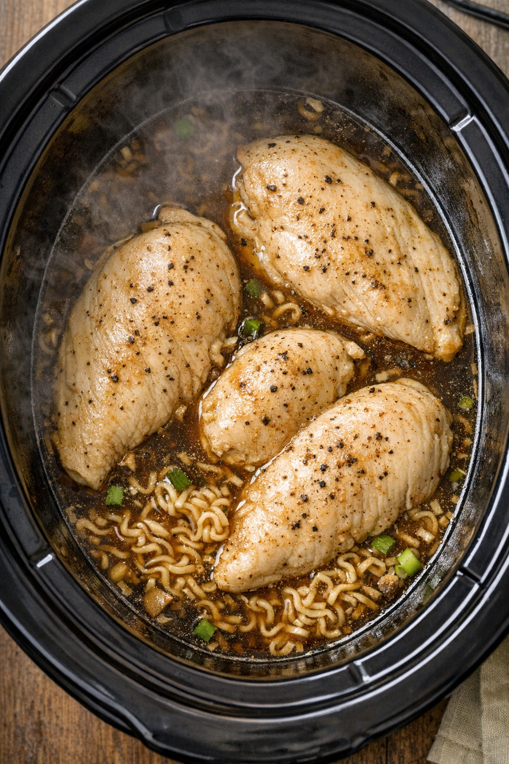 Cooked chicken in slow cooker broth