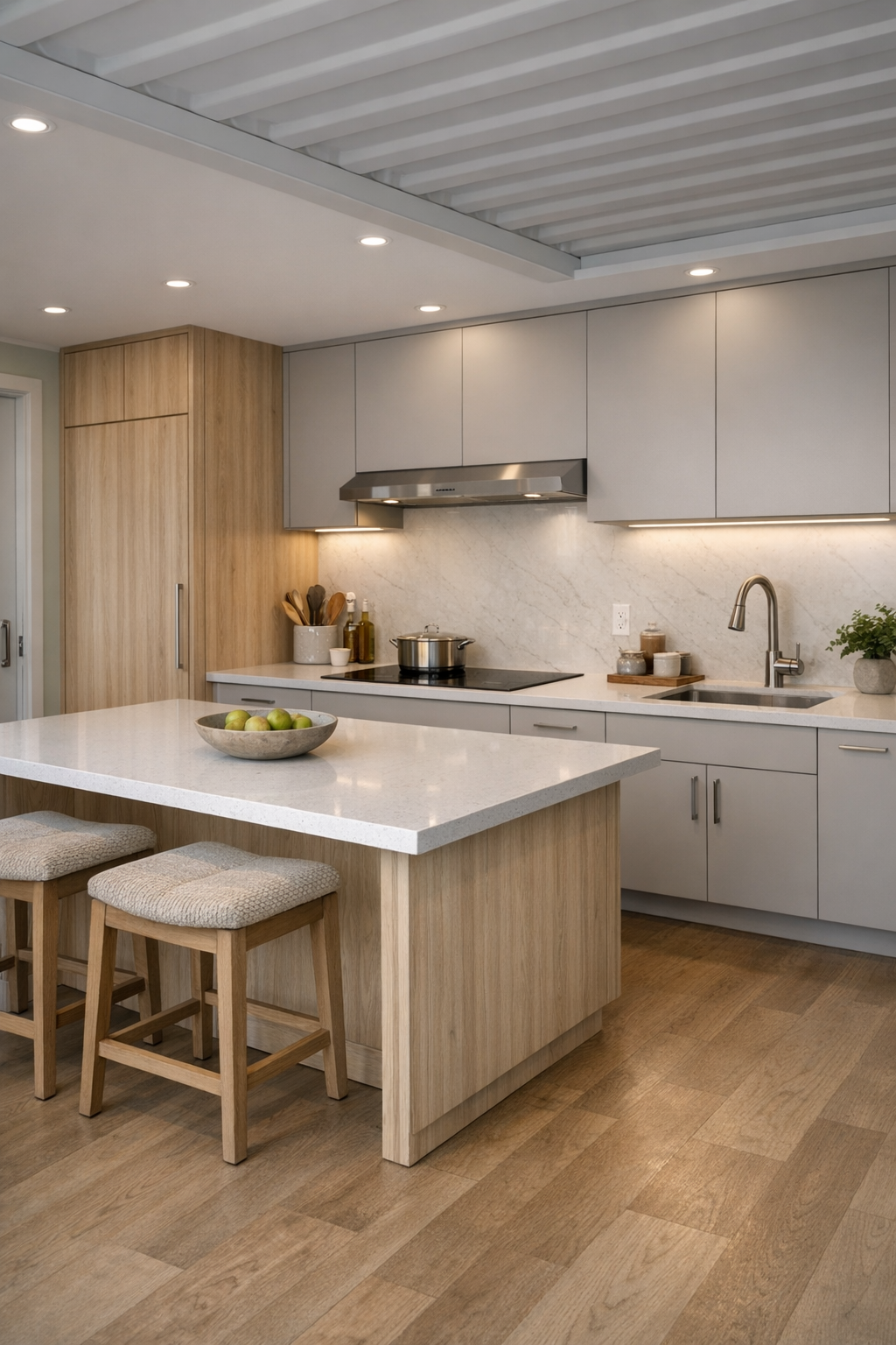 Accessible modern kitchen with mushroom cabinetry and oak storage