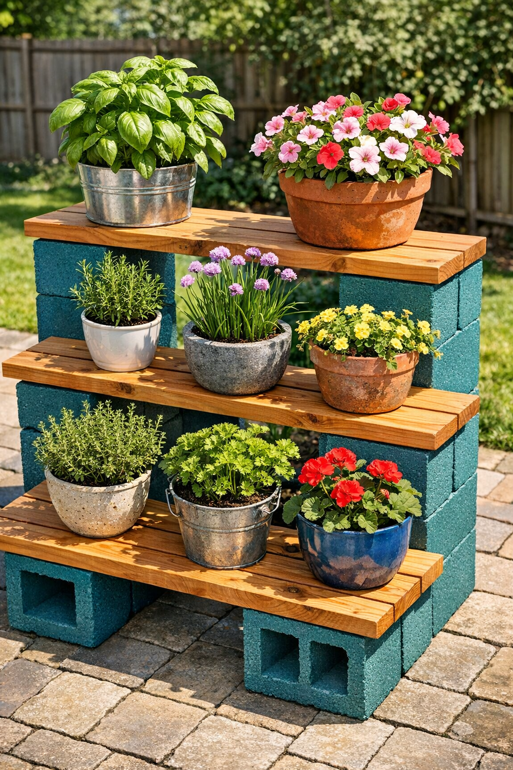 Finished teal cinder block and cedar tiered plant stand on a backyard patio