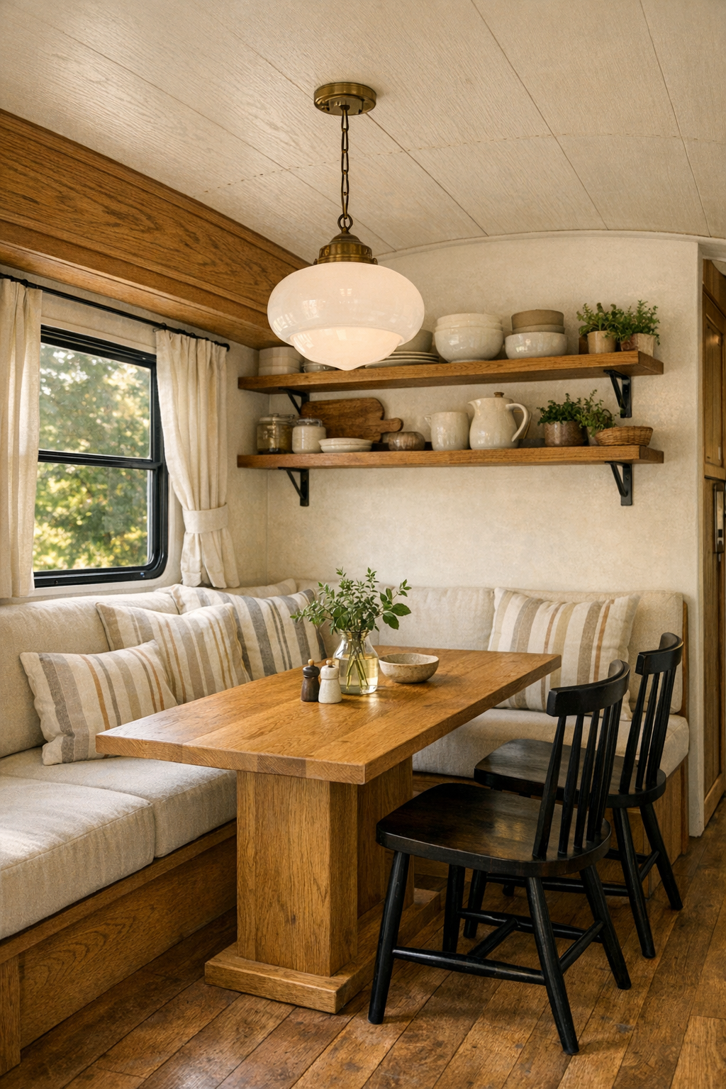 Compact dining nook in a converted bus with banquette seating and oak table