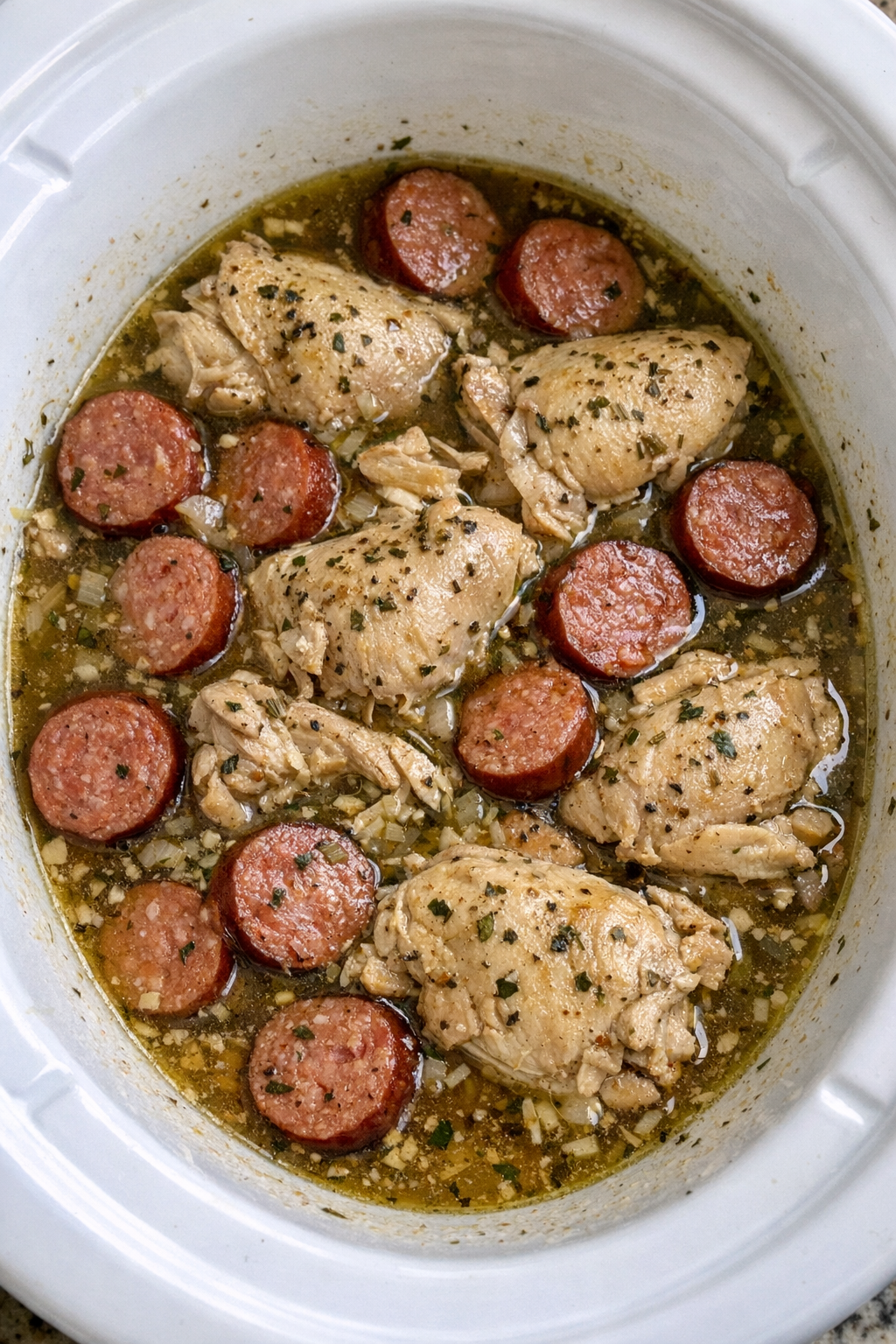 Slow cooker Amish chicken and sausage in a white slow cooker
