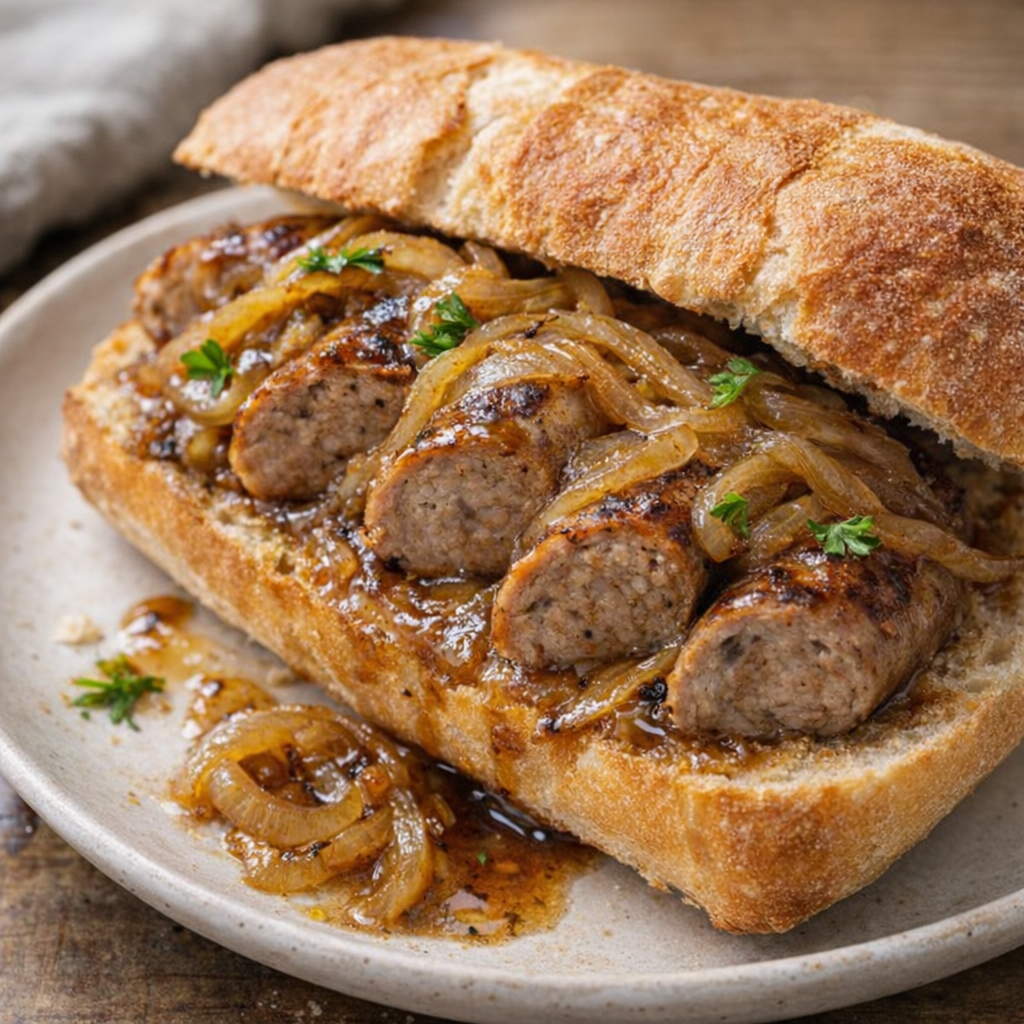 Leftover bangers and onion gravy on crusty bread