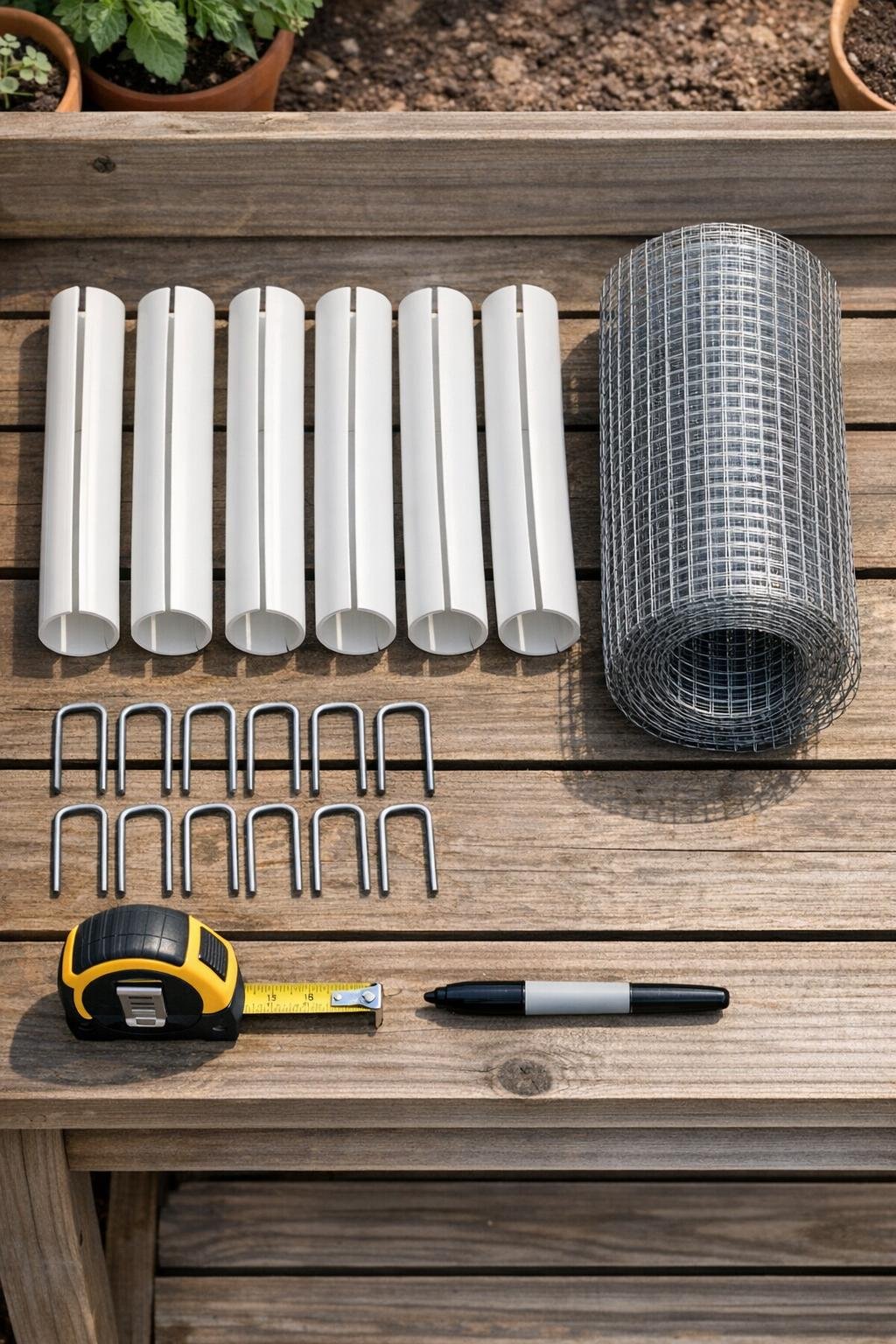 Materials laid out for a PVC raised bed critter tunnel barrier