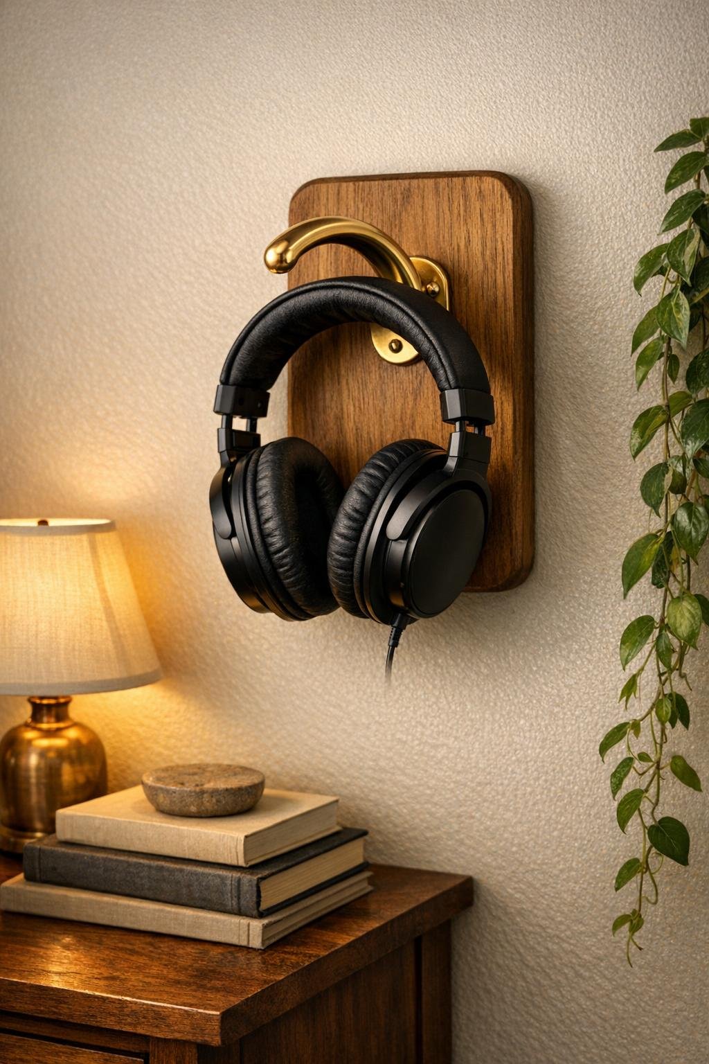 Completed wooden cutting board headphone stand with brass hook styled in a bedroom